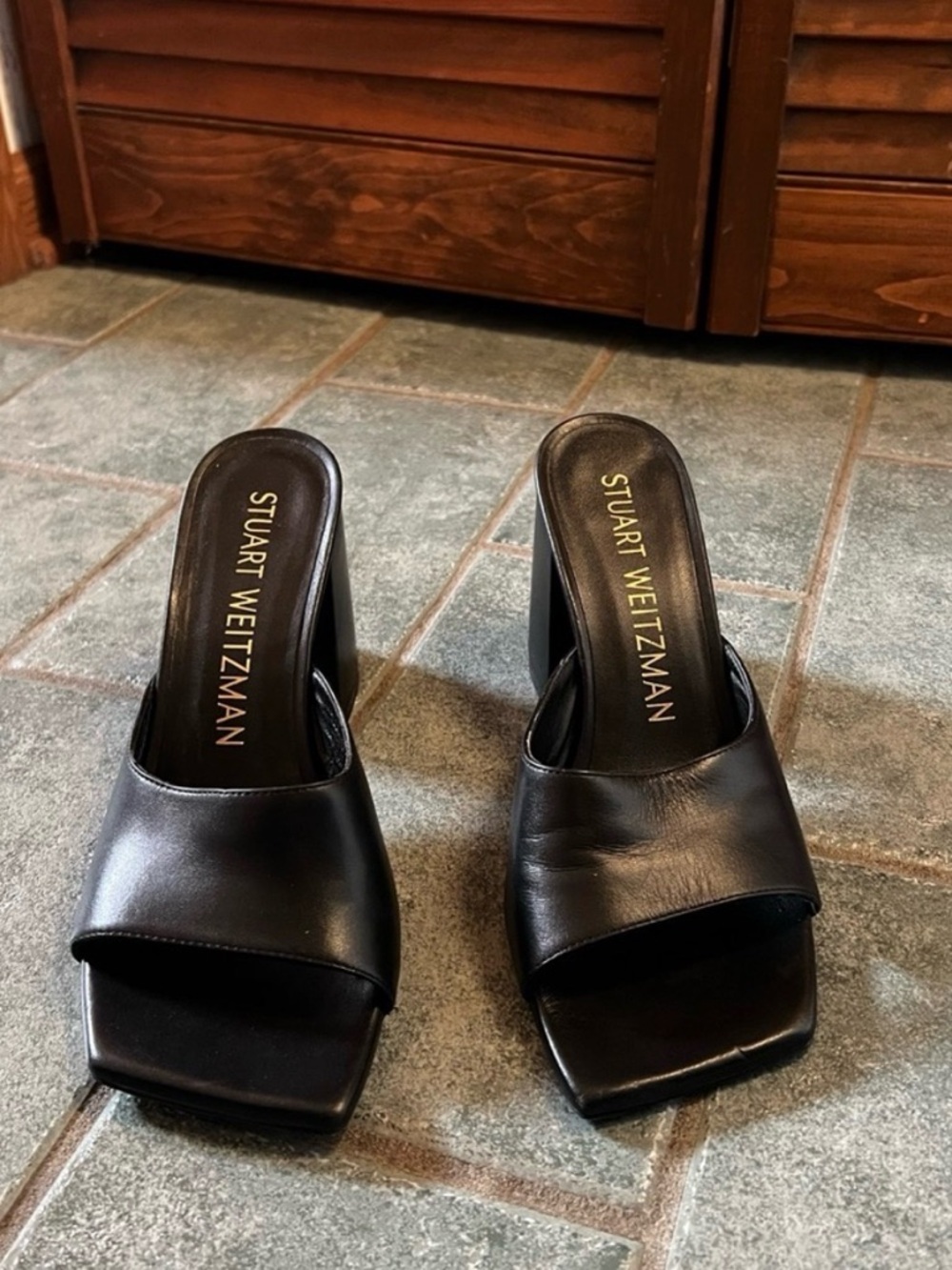 Stuart Weitzman Black Leather Slide Mules